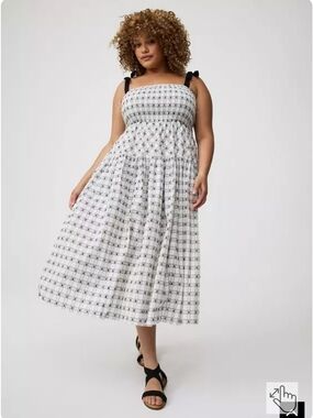 Smocked Midi Dress with Black Strap Detail - White/Black